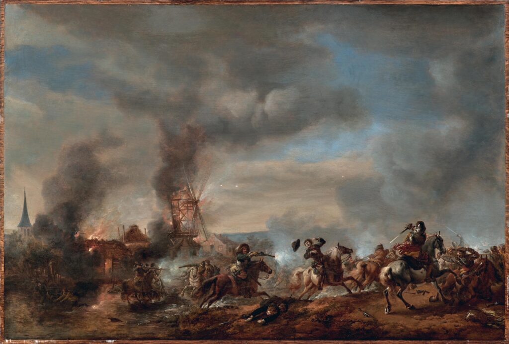 Bild von Philips Wouwerman: "Reiterschlacht vor einem brennenden Mühle" (1660)